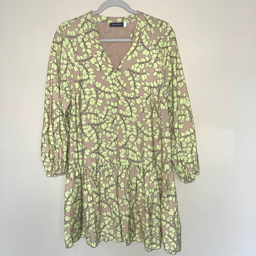Mint Velvet Popover Shift Dress UK12 US8 Beige/Green Branch & Leaf Print NEW!